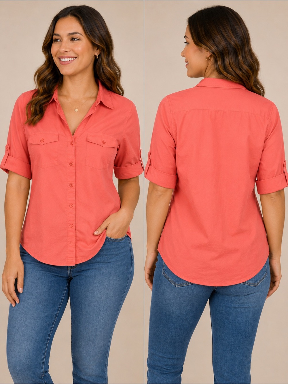 Signature by Larry Levine Coral Button Front Shirt Women’s Large